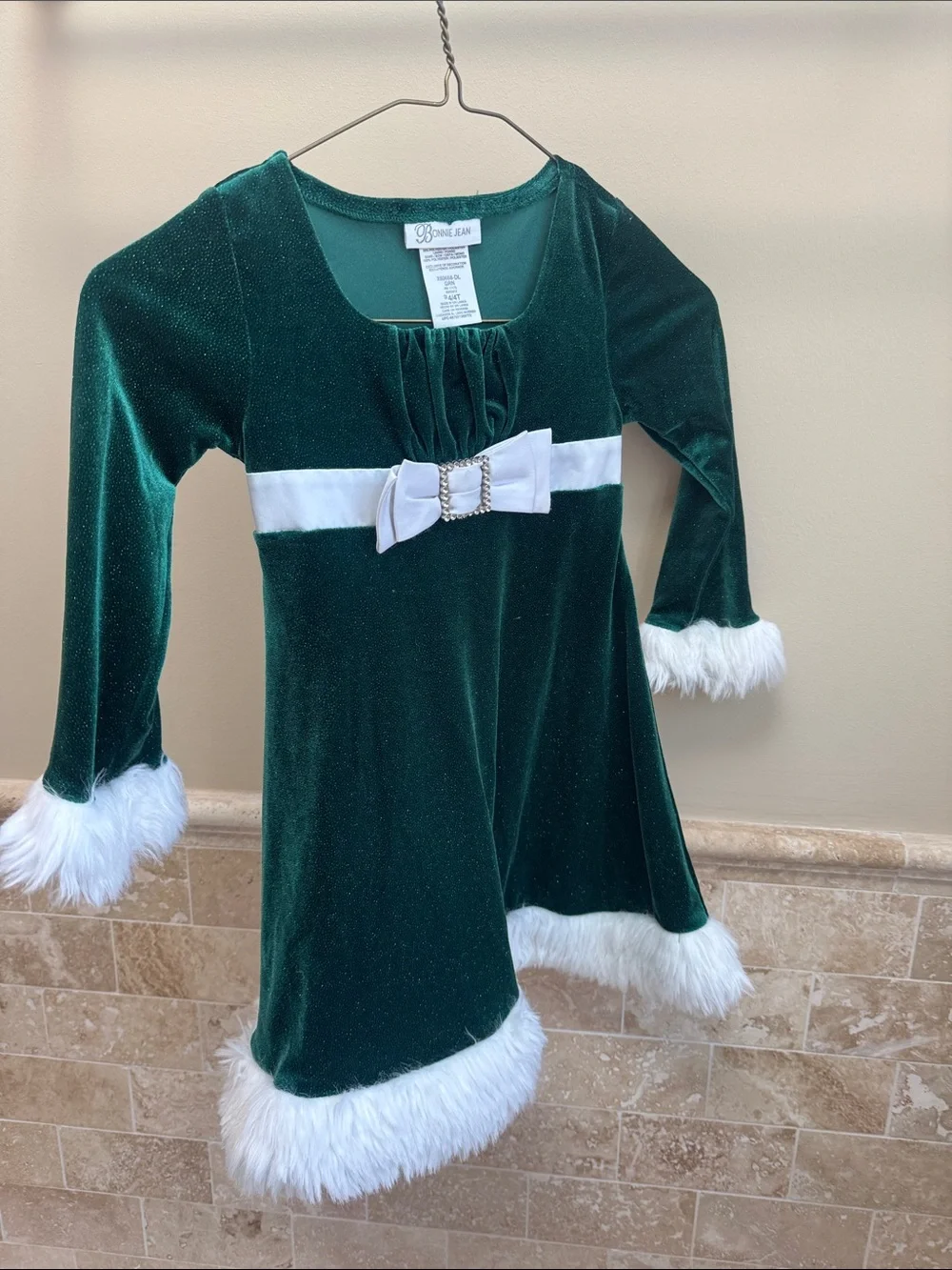 Bonnie Jean Emerald Green Velvet Holiday Dress with White Trim